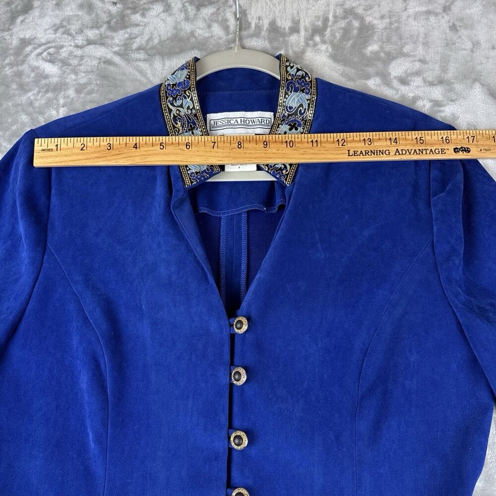 Vintage Jessica Howard Velvet Blazer Womens 8 Blue Gold Ribbon Trim Regal (1043) - Picture 9 of 12